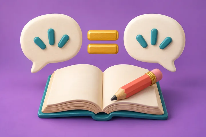Bərabərlik işarəsi ilə birləşən iki nitq qabarcığı və açıq kitab