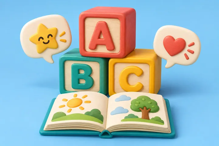 A, B və C hərfli kublar, nitq qabarcıqları və açıq kitab