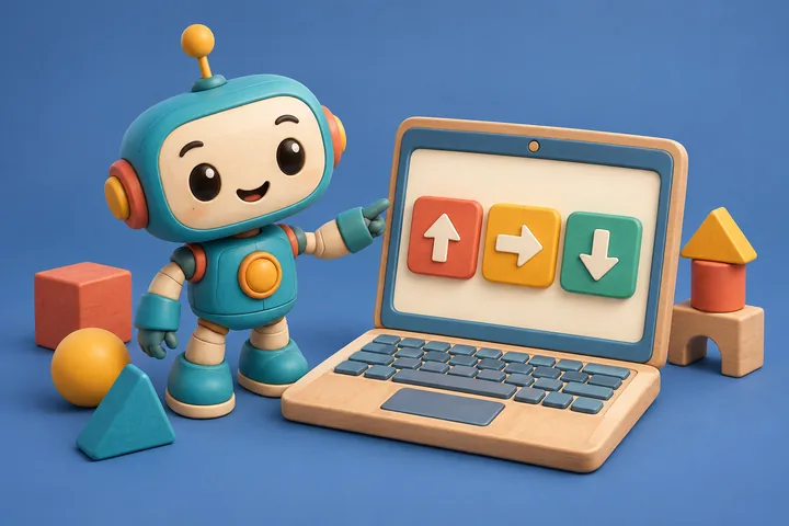 Mehriban robot və istiqamət əmrləri göstərən kompüter