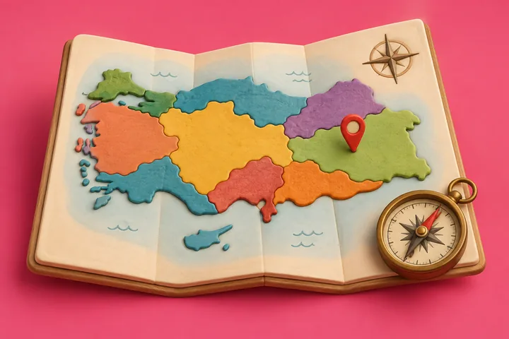 Qatlanmış atlasda rəngli Türkiyə xəritəsi, məkan nişanı və kompas