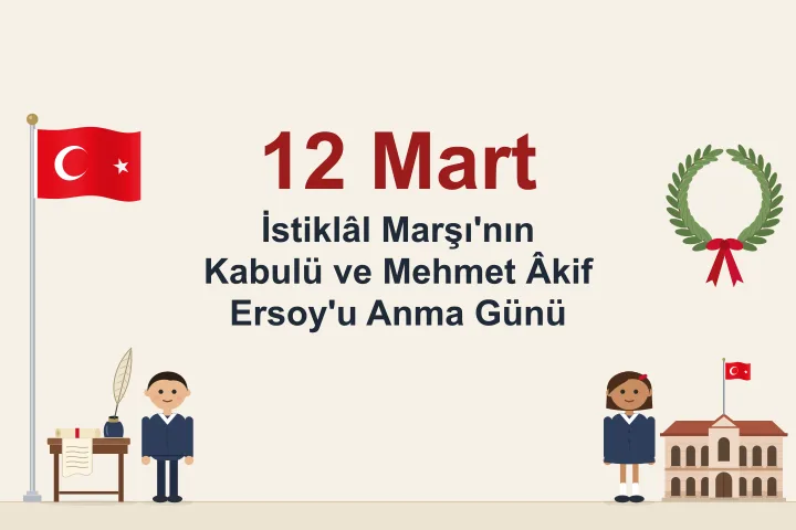 Krem zeminde solda direkte dalgalanan Türk bayrağı, üzerinde rulo, çizgili kâğıt ve tüy kalemli hokka duran ahşap masa ve hazır ol duruşunda lacivert okul kıyafetli bir erkek öğrenci; sağ üstte kırmızı kurdeleli defne çelengi, sağ altta hazır ol duruşunda bir kız öğrenci ile çatısında Türk bayrağı dalgalanan, Birinci Meclis binasını andıran iki katlı yapı.
