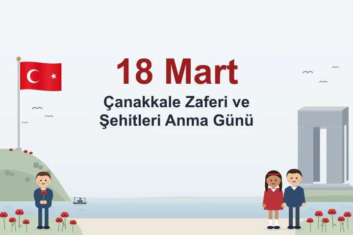 Açık mavi gökyüzü altında sakin bir boğaz; solda yeşil tepede dalgalanan Türk bayrağı, martılar, kıyıda uzakta küçük bir mayın gemisi ve elinde gelincik tutan öğrenci; sağda tepede dört ayaklı Çanakkale Şehitler Abidesi silüeti ile saygıyla duran iki öğrenci; iki alt köşede kırmızı gelincikler.