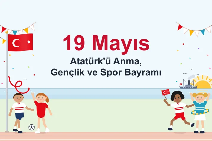 Açık mavi zeminde ufka uzanan sakin deniz, altında açık yeşil saha ve beyaz şeritli koşu pisti; solda direkte dalgalanan Türk bayrağı, flamalar, top oynayan bir çocuk ve kırmızı kurdeleyle gösteri yapan bir kız; sağda flamalar, martılar, ufukta doğan güneş ve bacasından duman çıkan bir vapur silüeti, el bayrağıyla koşan bir çocuk ve belinde çember çeviren bir kız.