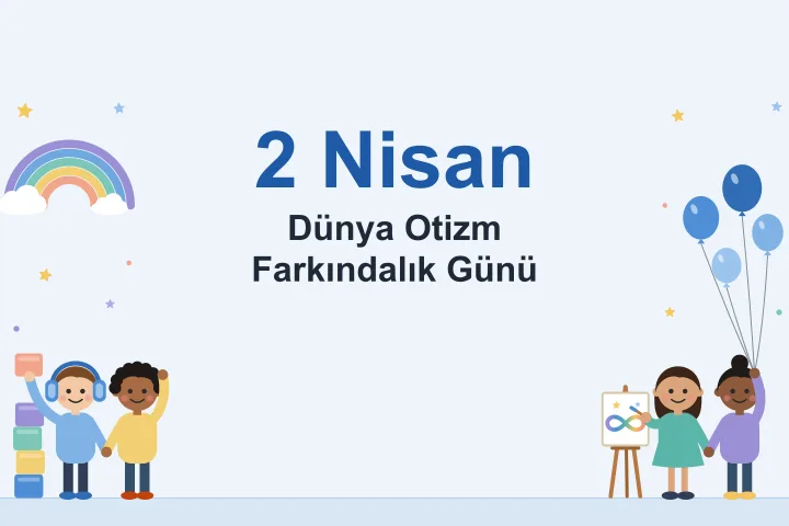 Solda renkli bloklardan bir kule, kulenin tepesine blok koyan kulaklıklı bir çocuk ve onunla el ele tutuşup el sallayan arkadaşı; sağda sehpadaki tuvale gökkuşağı renklerinde sonsuzluk işareti çizen bir çocuk ve onun elini tutup mavi balonları havaya kaldıran arkadaşı; üst köşelerde gökkuşağı, bulutlar ve yıldızlar.