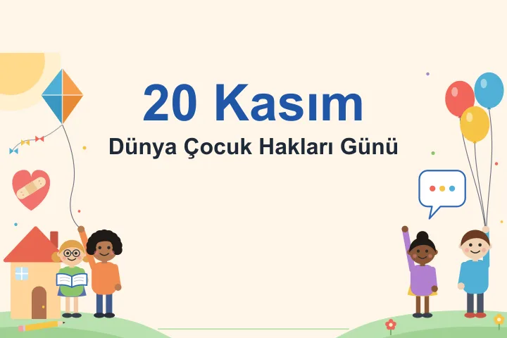 Kenarlarda uçurtma uçuran, kitap okuyan, elini kaldıran ve balon tutan dört çocuk; yanlarında çatılı bir ev, yara bantlı bir kalp, renkli noktalı bir konuşma balonu, güneş ve yerde bir kalem.