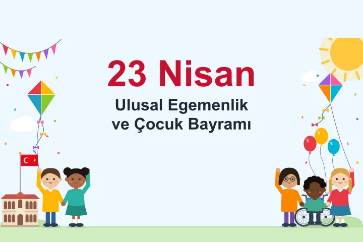 Açık mavi zeminde sol üstte rengârenk flama dizileri ve uçurtma; solda çatısındaki direkte Türk bayrağı bulunan, Birinci Meclis binasını andıran iki katlı yapı ile el ele tutuşan, biri uçurtma ipini tutan, diğeri el sallayan iki çocuk; sağ üstte güneş ve uçurtma; sağda el ele tutuşan üç çocuk: el sallayan gözlüklü bir kız, koluna balonlar bağlı tekerlekli sandalyedeki bir çocuk ve uçurtma ipini tutan bir kız.