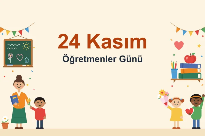 Solda dalgalı çizgiler, güneş, çiçek, kalp ve ev çizilmiş kara tahta ile kitap tutup bir çocuktan sarı lale alan öğretmen; sağda rafta kitap yığını, elma ve kalemlik, çiçek buketi uzatan ve kalp tutup el sallayan iki çocuk; üst köşelerde renkli bayrak süsleri.