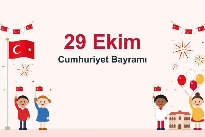 Açık krem zeminde solda direğin tepesinde dalgalanan Türk bayrağı, havai fişek ve el bayrağı sallayan iki çocuk; sağda havai fişekler, kırmızı, beyaz ve sarı balonlar, Birinci Meclis binasını andıran iki katlı yapı, el bayrağı sallayan ve balon tutan iki çocuk; üst köşelerde Türk bayraklı süs dizileri.