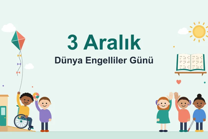 Solda bir kapıya çıkan rampadan inerken uçurtma uçuran tekerlekli sandalyedeki çocuk ve topu havaya kaldıran arkadaşı; sağda işitme cihazı takan, ellerini kaldırıp selamlaşan iki çocuk ile beyaz bastonla yürüyen bir çocuk; üst köşelerde bulutlar, güneş ve rafta kabartma yazı noktalarıyla açık bir kitap.