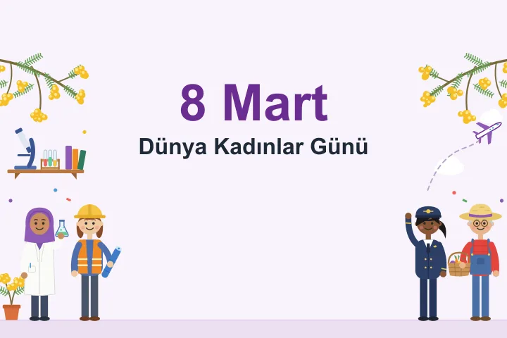 Üst köşelerde sarı çiçekli mimoza dalları; solda mikroskop ve deney tüpleri bulunan rafın altında deney şişesi kaldıran başörtülü bir bilim insanı ile baretli, rulo plan tutan bir mühendis; sağda bulutlar arasında uçan küçük bir uçağın altında el sallayan bir pilot ile sebze sepeti taşıyan gözlüklü, hasır şapkalı bir çiftçi; sol alt köşede saksıda mimoza.