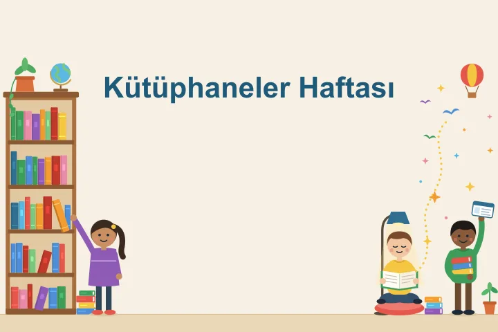 Solda renkli kitaplarla dolu ahşap kitaplık, üstünde saksı bitki ve küre; raftan turuncu bir kitap çeken at kuyruklu kız ve yerde kitap yığını; sağda okuma lambasının altında minderde bağdaş kurup kitap okuyan çocuk, açık kitaptan sağ üste yükselen yıldızlı iz, kuşlar ve sıcak hava balonu; kollarında kitaplarla kütüphane kartını kaldıran çocuk, yerde kitap yığını ve saksı bitki.