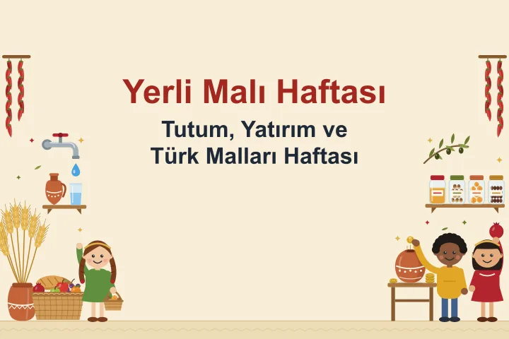 Üst köşelerde asılı kurutmalık biber dizileri; solda musluktan bardağa düşen bir su damlası, rafta toprak testi, çömlekte buğday başakları, ekmek, elma, nar, üzüm ve portakal dolu hasır sepet, kolunda fındık ve kayısı sepetiyle el sallayan örgülü saçlı kız; sağda zeytin dalı, rafta bal, fındık, kayısı ve kuru üzüm kavanozları, masadaki toprak kumbaraya madeni para atan çocuk ve havaya nar kaldıran kız.