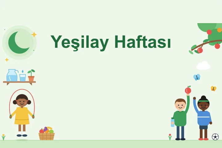 Sol üstte yeşil bir hilal ve parıltılar, rafta su dolu sürahi, bardak ve saksıda filiz; solda ip atlayan kız ile elma, portakal, muz ve üzüm dolu hasır sepet; sağ üstte köşeden uzanan elmalı yapraklı dal, bulut ve iki kelebek; sağda bir elinde elma, diğerinde su şişesi tutan çocuk, el sallayan saç bantlı kız ve yerde futbol topu.